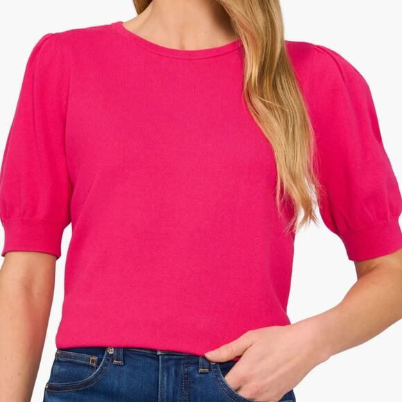CeCe Knit Top Medium Pink Sweater Puff Sleeve Ribbed Crew Neck Cotton Minimalist - Picture 1 of 10
